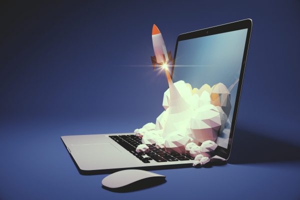 Startup concept with rocket flying out of laptop screen on blue background. Sideview, 3D Rendering