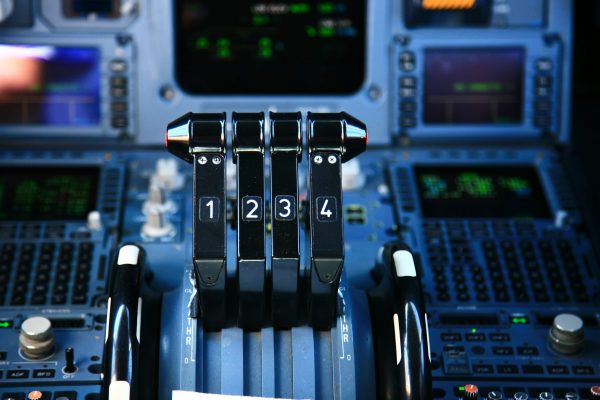 jet airplane throttle in the cockpit