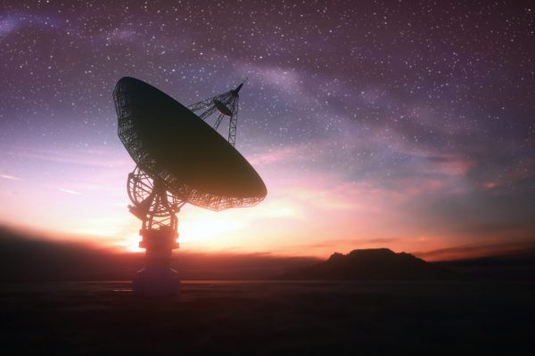 Huge satellite antenna dish for communication and signal reception out of the planet Earth. Observatory searching for radio signal in space at sunset. 3D illustration.