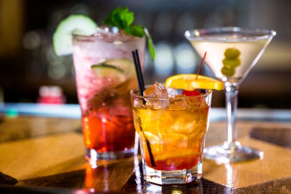 Colorful cocktails on the bar table in restaurant.